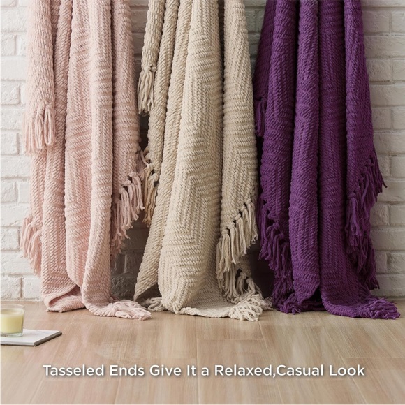 West Elm Purple Chevron Tassel Fringe Blanket Fall Winter for Couch/Bed/Gift - Picture 5 of 14